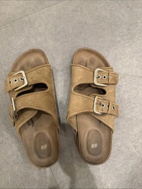 H&M Suede Double-Buckle Slide Sandals in Tan